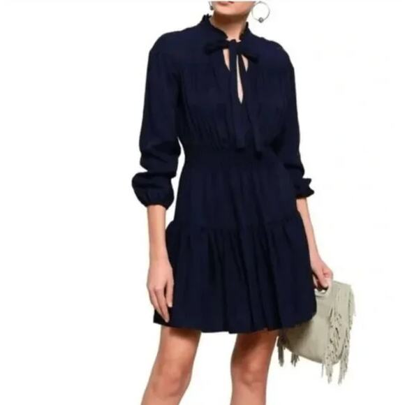 Maje Navy Blue Tie Neck Long Sleeve Ruffle Mini Dress Size 3 - Picture 1 of 9